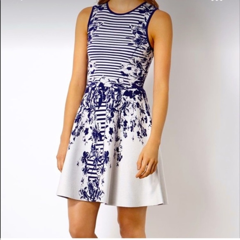 Karen Millen Floral Jacquard Knit Fit and Flare Dress in White and Blue M